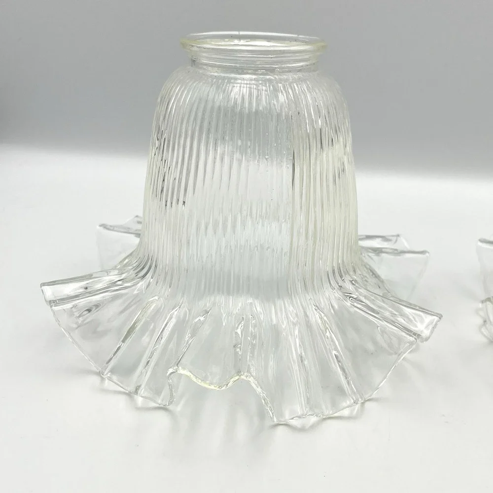 Vintage 1980s Clear Ribbed‎ Glass Lamp Shades Ruffled Edge 2